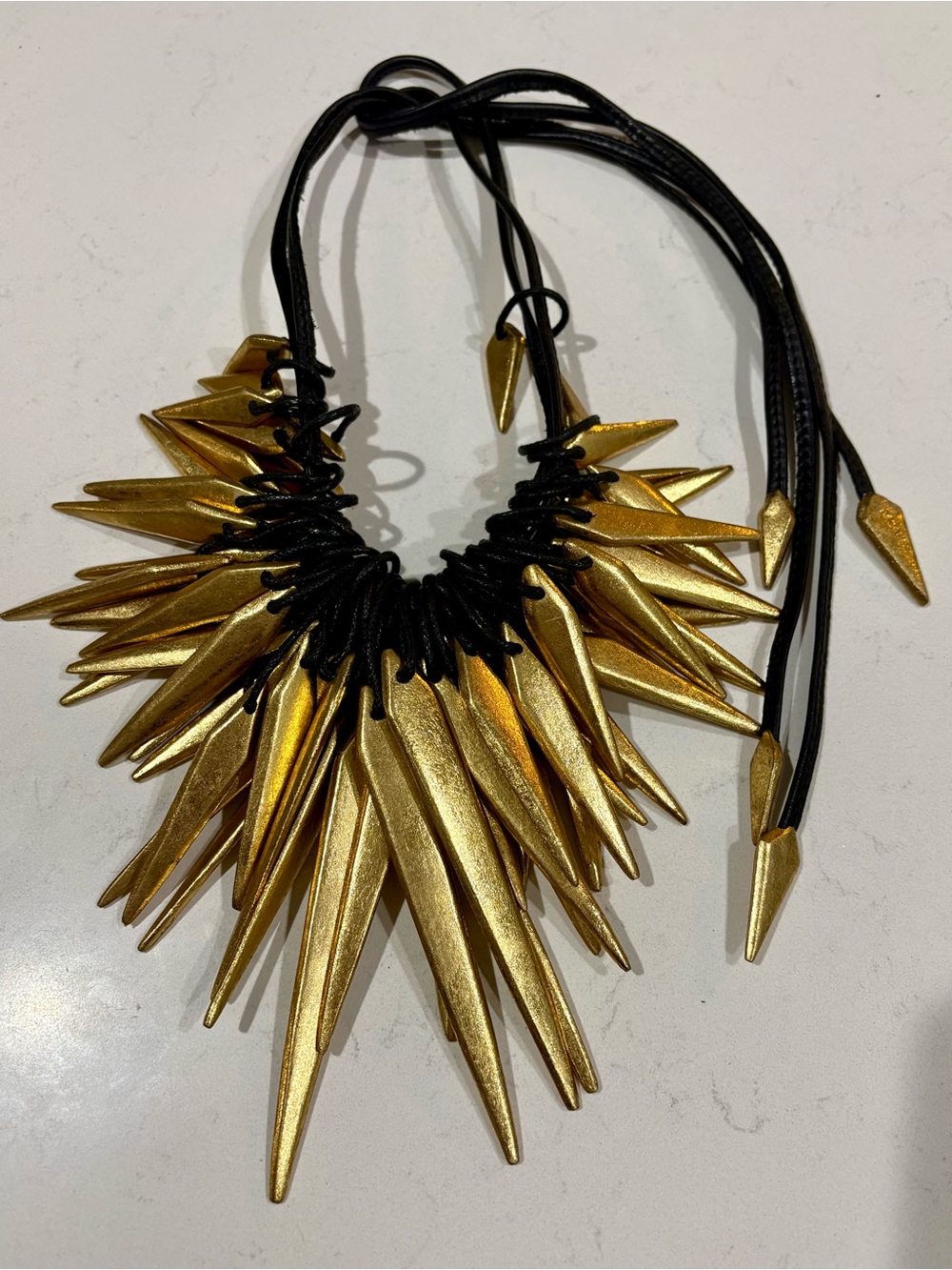 Monies Denmark Leather Gold Foil Spike Necklace Runway Wearable Art $1595 - Picture 7 of 11